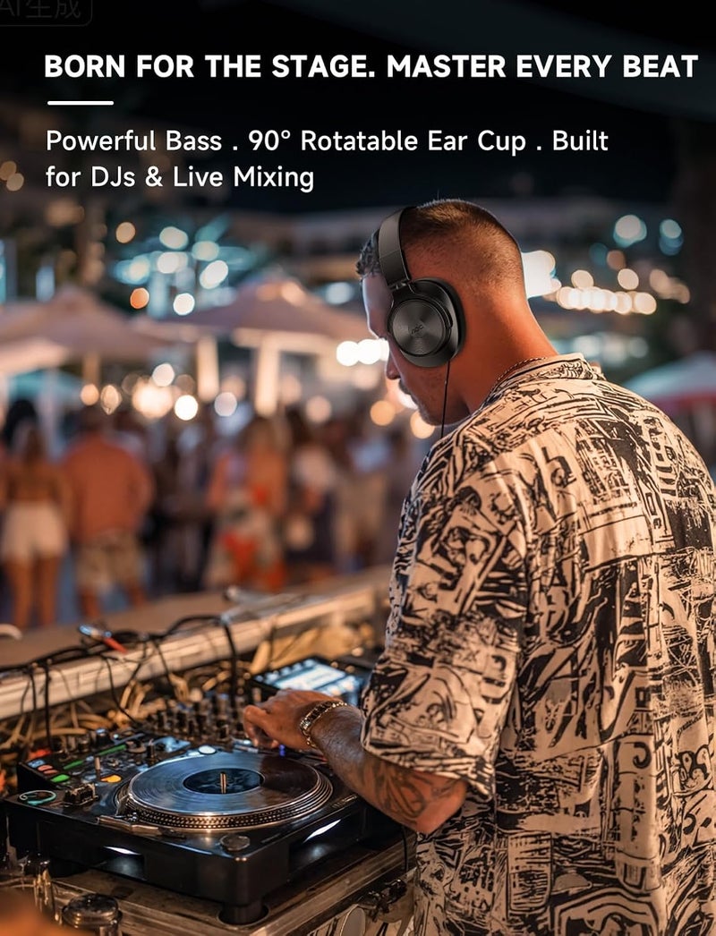 AOC Bluetooth Over Ear Headphones, Wireless Studio Monitor & Mixing DJ Headphones with 72H Playtime, Hi-Res, Built-in Mic, 3.5mm/6.35mm Wired Audio Jack for Guitar AMP, Podcast, PC Gaming - Black - Image 3